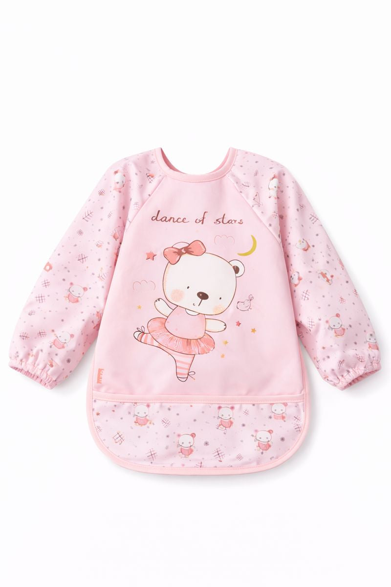 Dance of Stars Bear Pattern Pink Waterproof Long Sleeve Baby Feeding & Activity Bib