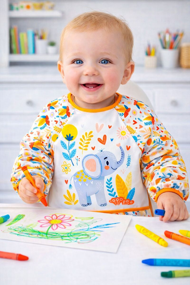 Long Sleeve Wearable Elephant Pattern Waterproof Baby Feeding & Activity Bib