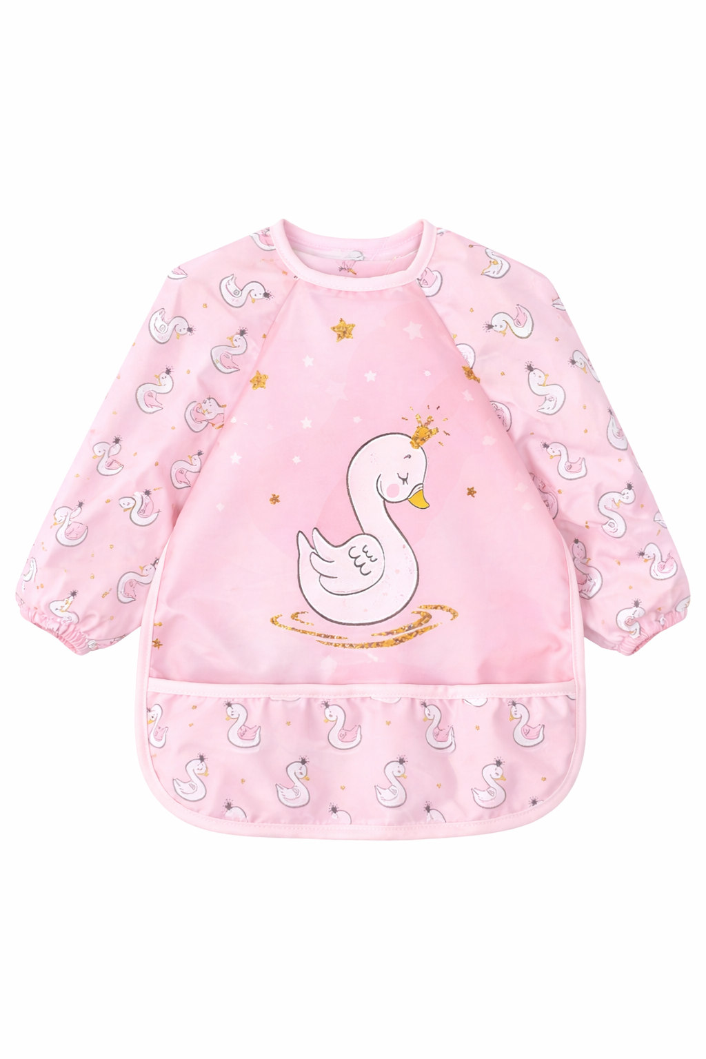 Pink Swan Pattern Waterproof Long Sleeve Baby Bib
