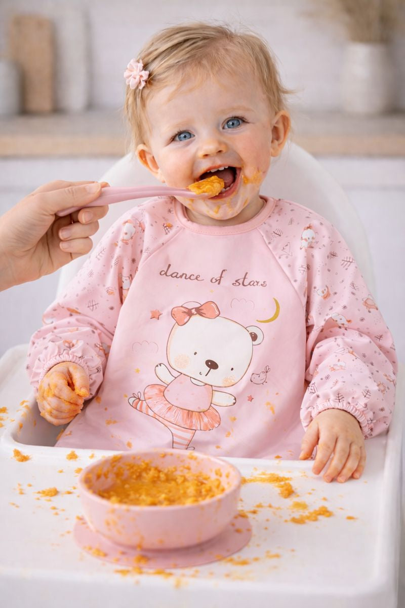 Dance of Stars Bear Pattern Pink Waterproof Long Sleeve Baby Feeding & Activity Bib