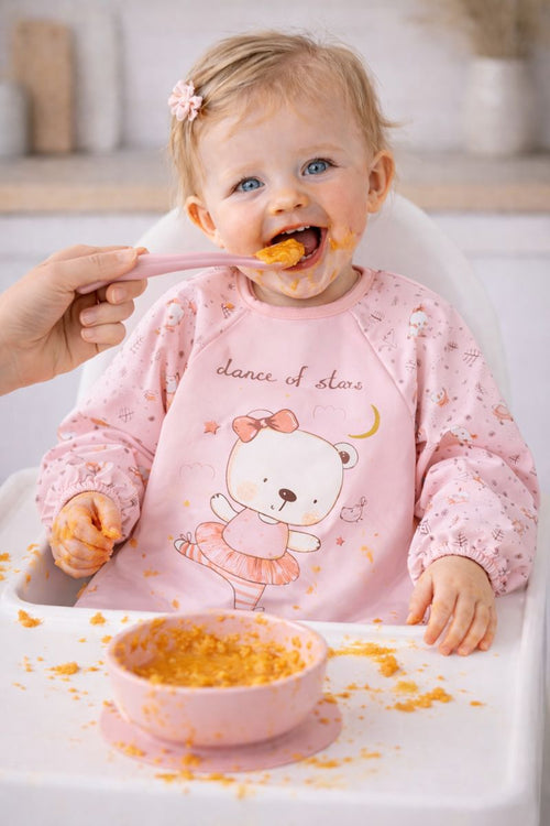 Dance of Stars Bear Pattern Pink Waterproof Long Sleeve Baby Feeding & Activity Bib