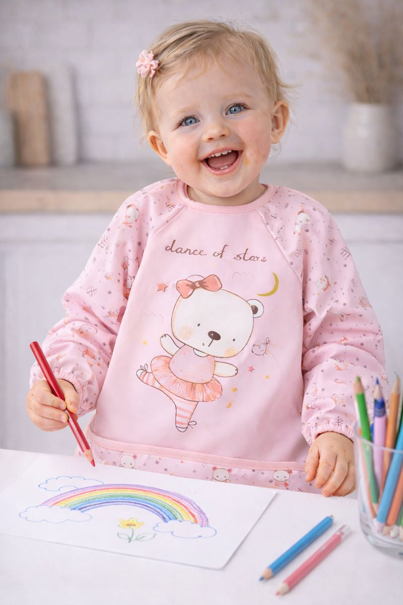 Dance of Stars Bear Pattern Pink Waterproof Long Sleeve Baby Feeding & Activity Bib
