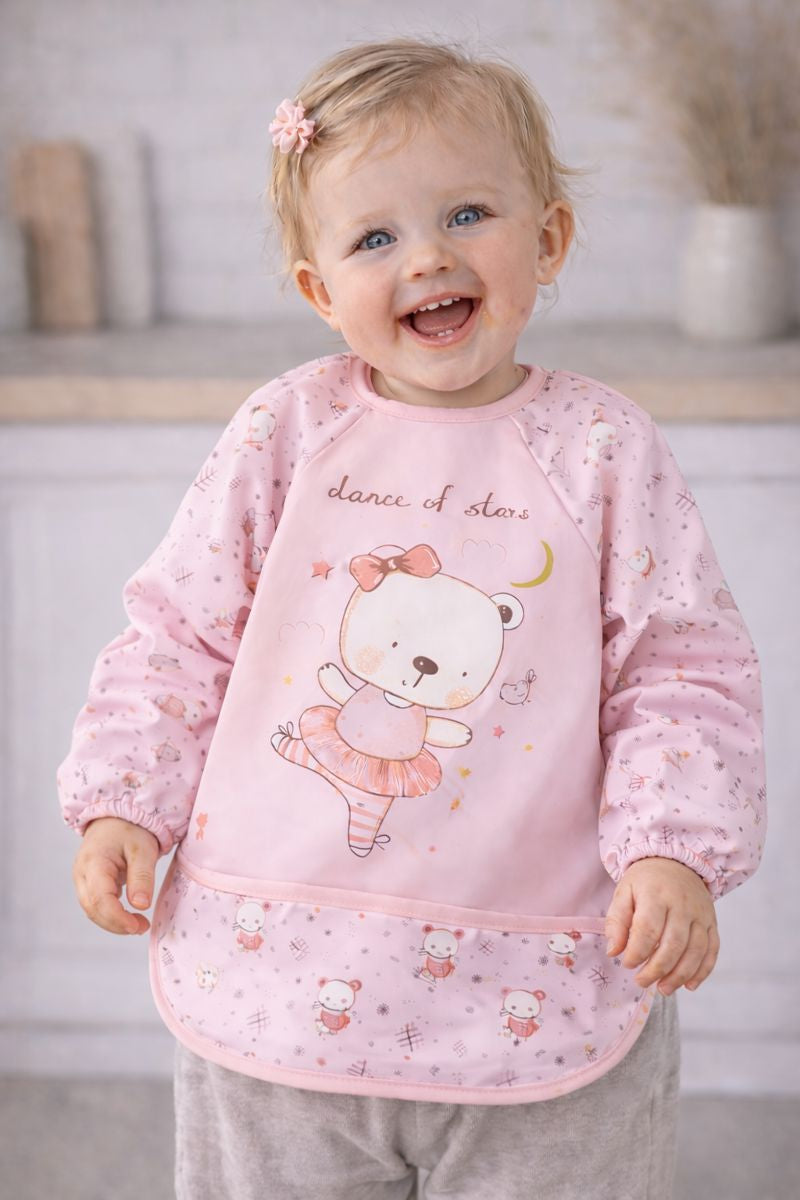 Dance of Stars Bear Pattern Pink Waterproof Long Sleeve Baby Feeding & Activity Bib