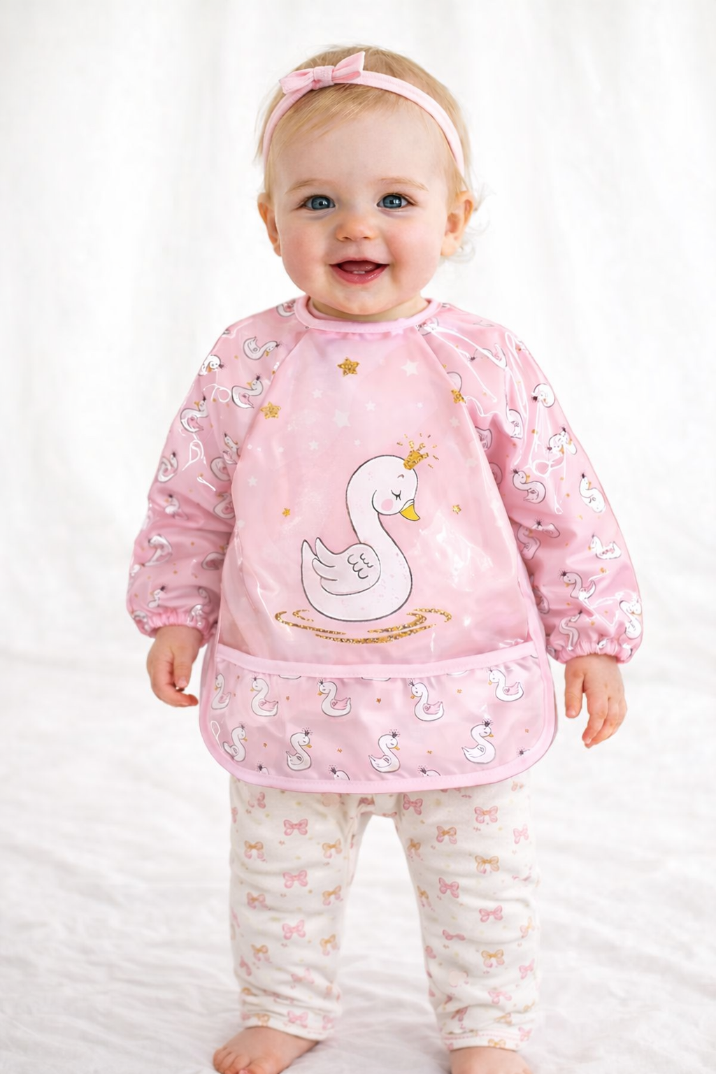 Pink Swan Pattern Waterproof Long Sleeve Baby Bib