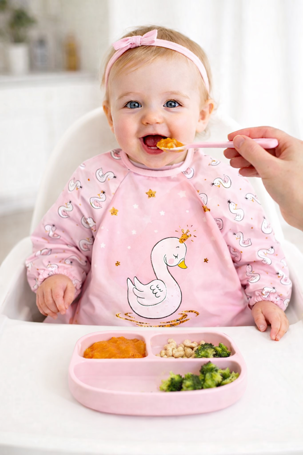 Pink Swan Pattern Waterproof Long Sleeve Baby Bib