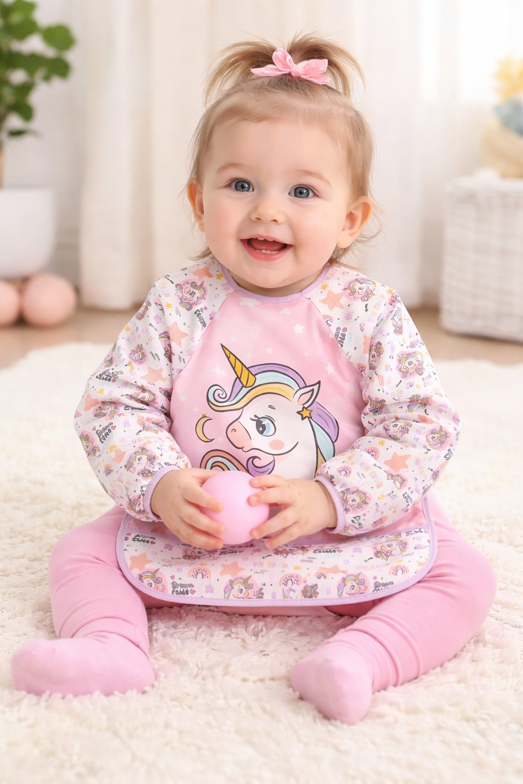 Pink Unicorn Pattern Waterproof Long Sleeve Baby Bib