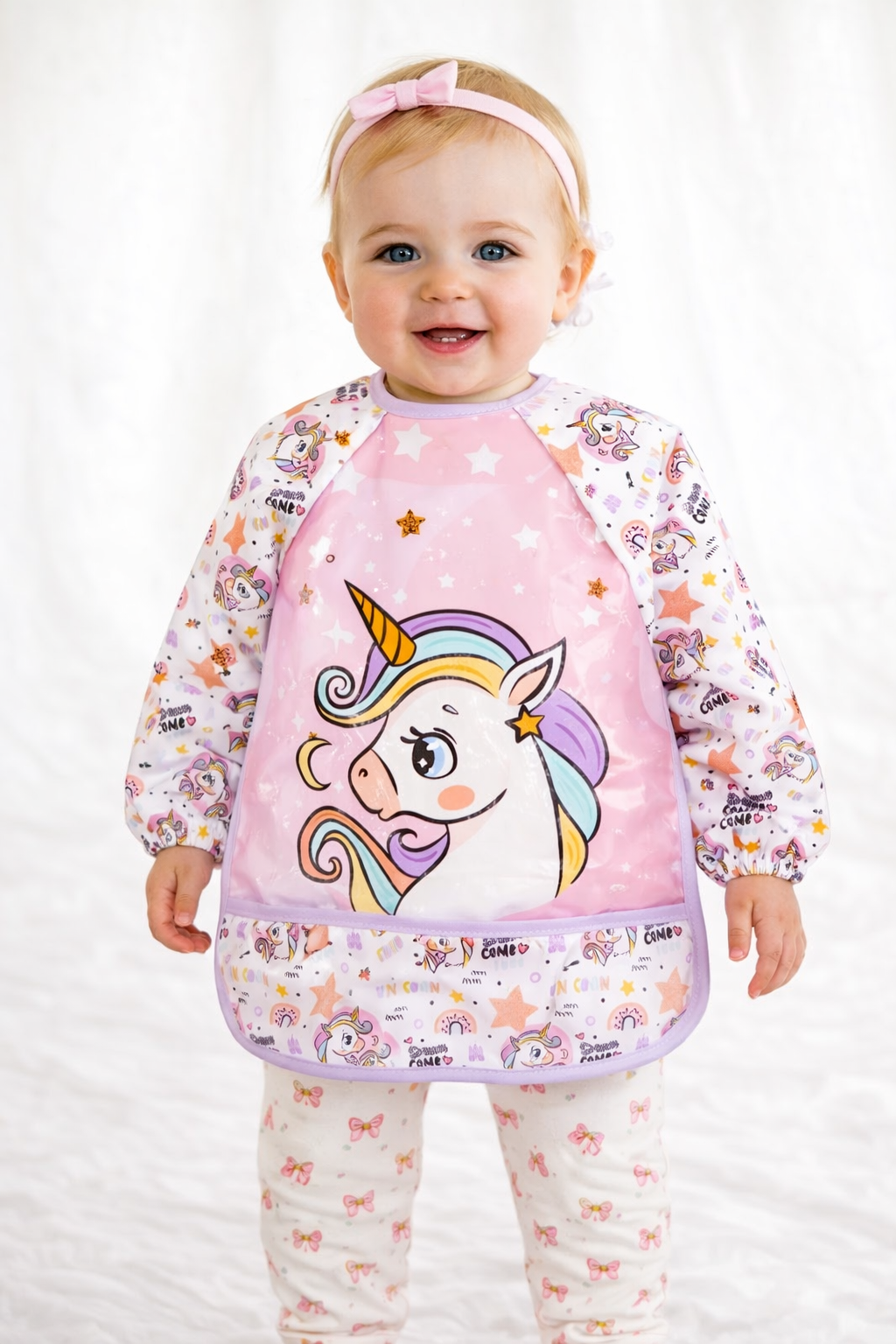 Pink Unicorn Pattern Waterproof Long Sleeve Baby Bib